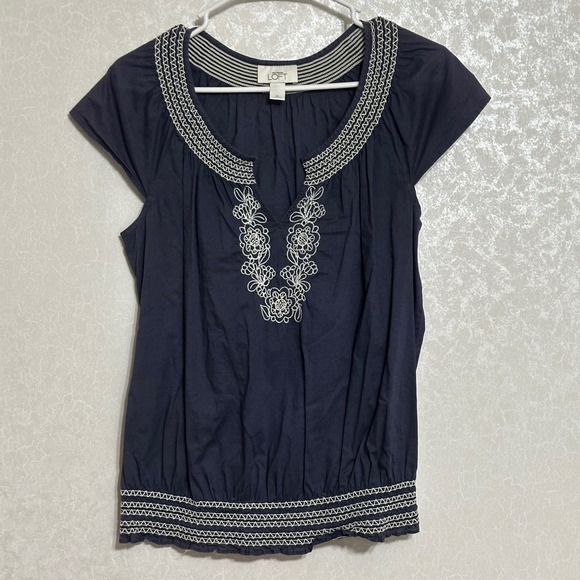 LOFT Tops - Ann Taylor LOFT Embroidered V-neck Top Blouse Short Sleeve Navy Blue Bohemian S